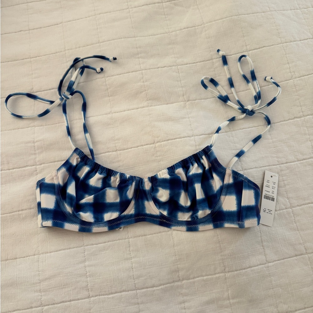 NWT, Ruched tie-shoulder bikini top in gingham, 32C